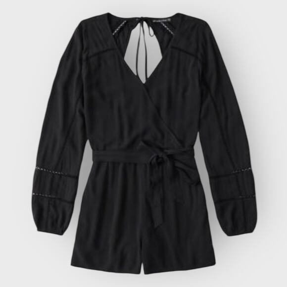 Abercrombie Fitch Wrap Long Sleeve Romper Small Black Minimalist Boho Resortwear - Picture 7 of 7